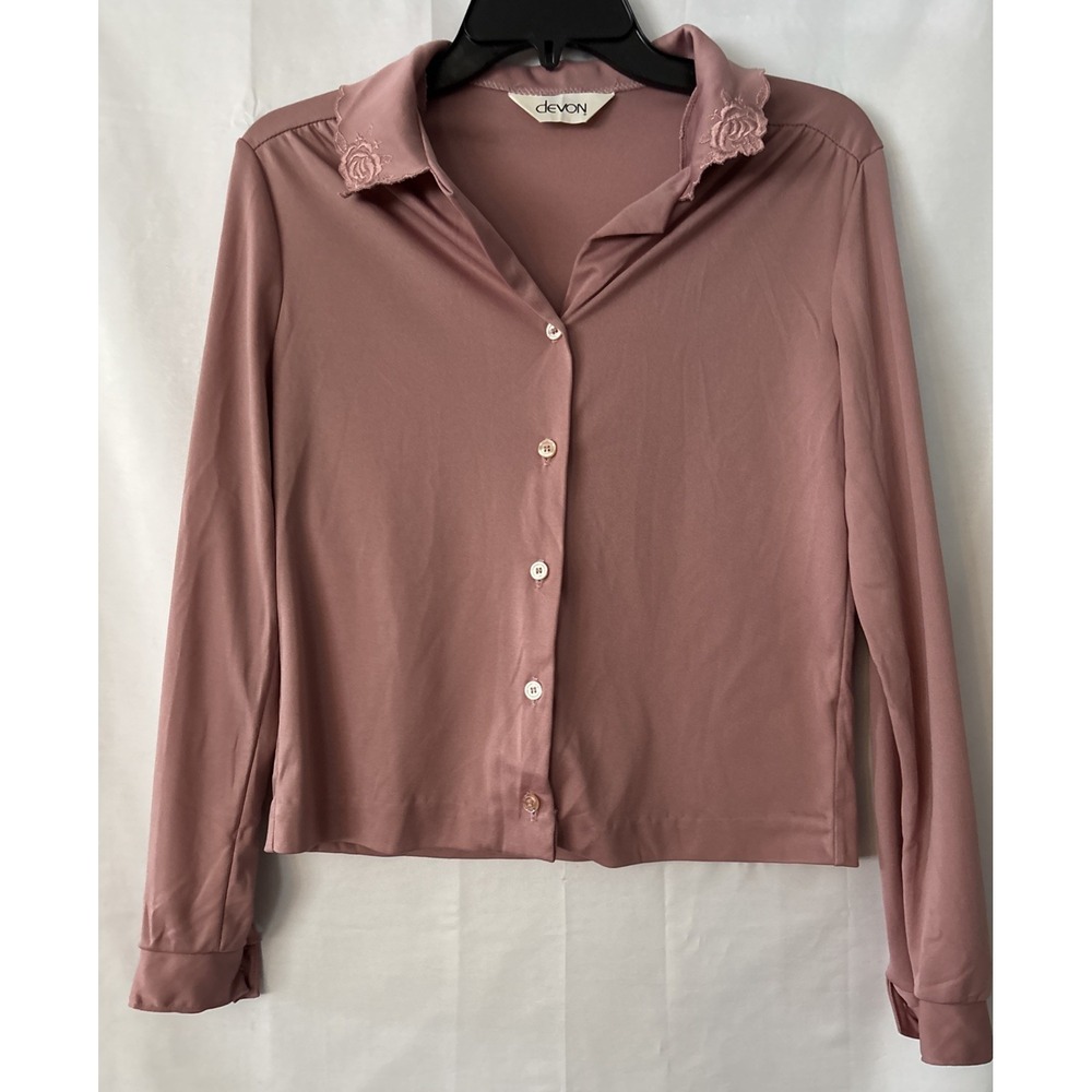 Vintage Devon Mauve Button Up Blouse‎ Embroidered Collar No Size Tag Fits Like S